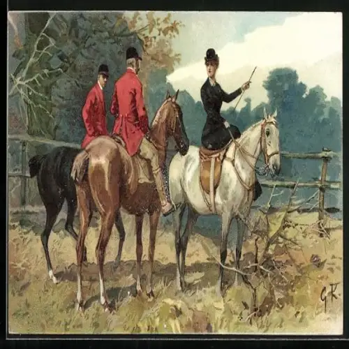 AK Jäger zu Pferd treffen auf einen Dame zu Pferd