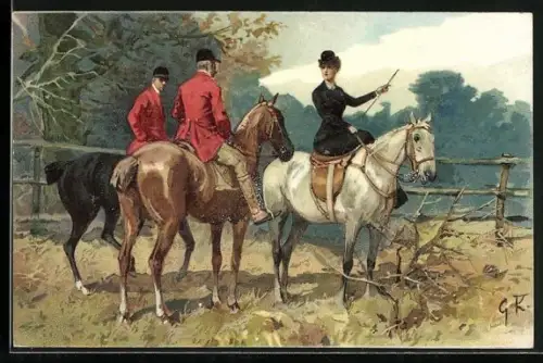 AK Jäger zu Pferd treffen auf einen Dame zu Pferd