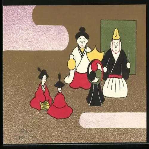Künstler-AK Japanische Kunst, Spielzeuge, Puppen in Trachten