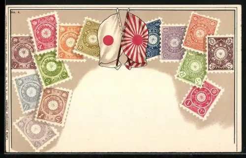 AK Japan, Briefmarken, Fahnen