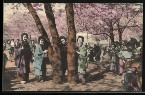 AK Junge Japanerinnen unter Bäumen, Baumblüte