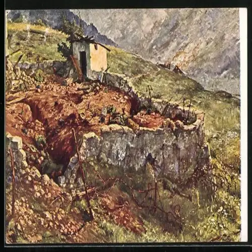 Künstler-AK Vallarsatal, Friedhof von Chiesa nach der Beschiessung durch die Artillerie 1916