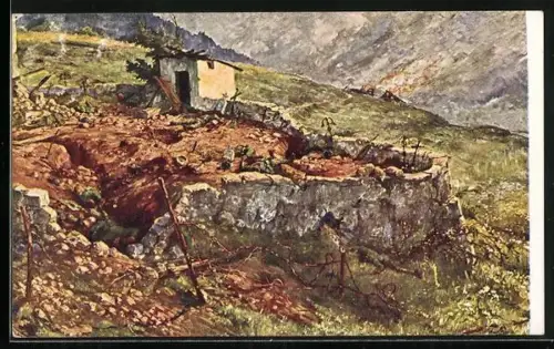 Künstler-AK Vallarsatal, Friedhof von Chiesa nach der Beschiessung durch die Artillerie 1916