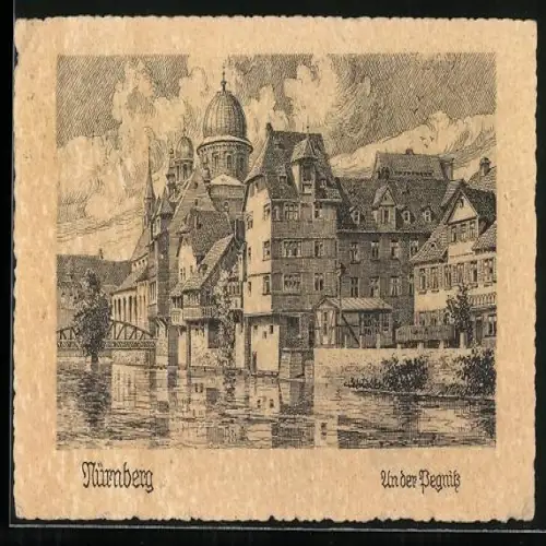Künstler-AK Nürnberg, Blick auf die Häuser am Ufer der Pegnitz