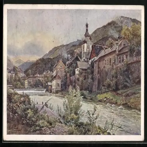 Künstler-AK Erwin Pendl: Waidhofen a.d. Ybbs, Hohe Brücke & Torturm