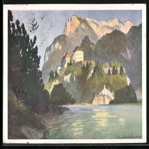 Künstler-AK Edo v.Handel-Mazzetti: Kufstein, Kaisergebirge mit Innpartie