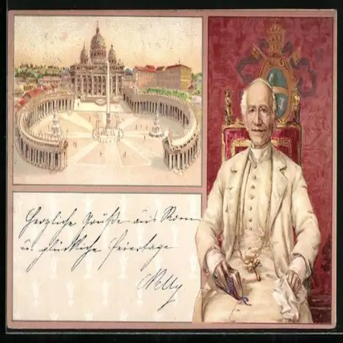 Lithographie Portrait von Papst Leo XIII., Panorama des Vatikans