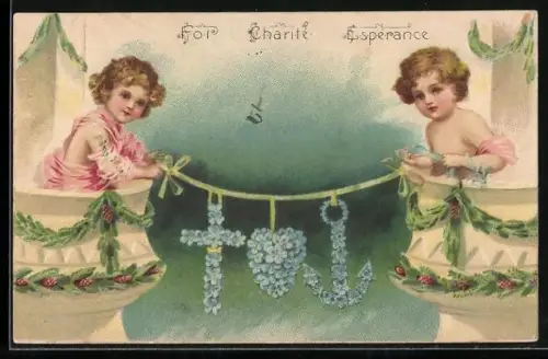 AK Allegorische Symbole für Glaube Liebe und Hoffnung aus Blumen