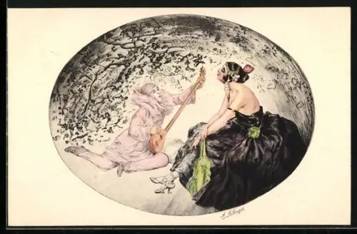 Künstler-AK sign. Solanges: Frau mit verrutschtem schwarzem Trägerkleid vor Musiker