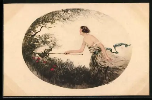 Künstler-AK J. Hardy: Junge Frau fängt mit dem Kescher einen Schmetterling