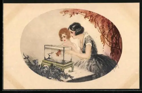Künstler-AK J. Hardy: Zwei Frauen sitzen am Aquarium