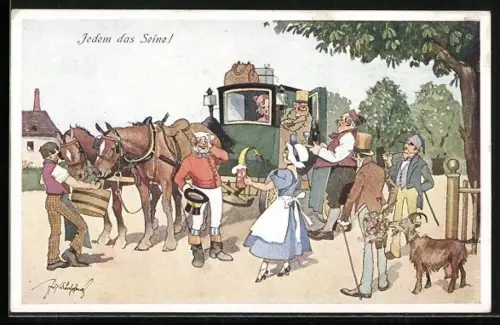 Künstler-AK Fritz Schönpflug: Reisende in einer Pferdekutsche werden von einem Gastwirt herzlich empfangen