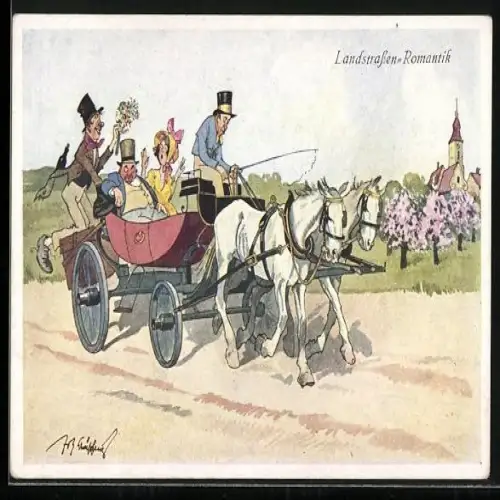 Künstler-AK Fritz Schönpflug: Landstrassen-Romantik, Paar im Pferdewagen