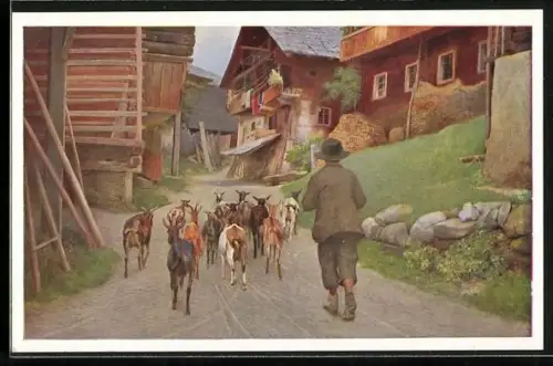 AK Hirte mit einer kleine Herde Ziegen auf einer Strasse