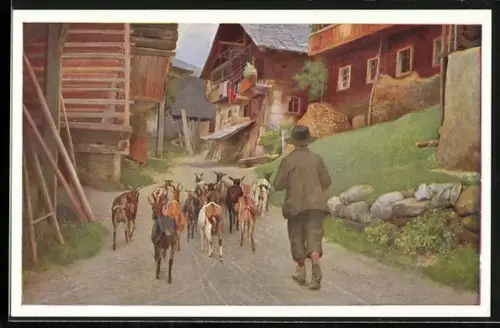 AK Hirte mit einer kleine Herde Ziegen auf einer Strasse