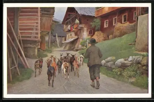 AK Hirte mit einer kleine Herde Ziegen auf einer Strasse