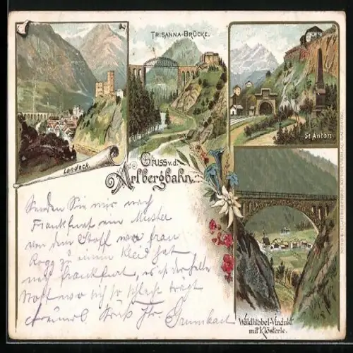 Lithographie St. Anton, Wäldlitobel-Viadukt mit Klösterle, Trisanna-Brücke, Landeck