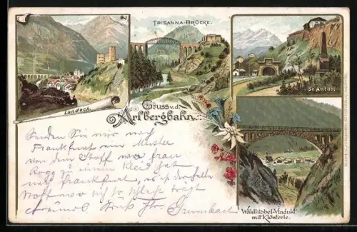 Lithographie St. Anton, Wäldlitobel-Viadukt mit Klösterle, Trisanna-Brücke, Landeck
