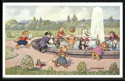 AK Un joyeuse colonie de vacances!, in Brunnen spielende Katzen