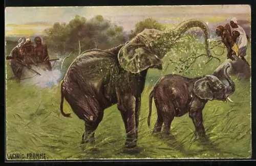 Künstler-AK Ludwig Fromme: Elefant mit Jungtier