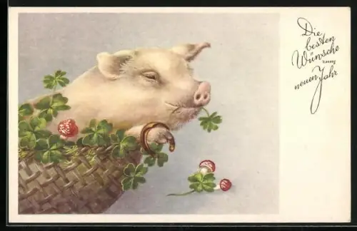 AK Schwein im Korb mit Hufeisen und Glücksklee, Neujahrsgruss