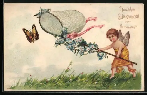AK Engel fängt mit Kescher Schmetterling ein, Glückwunsch zum Namenstag