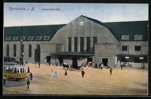 AK Karlsruhe i. B., Hauptbahnhof mit Strassenbahn