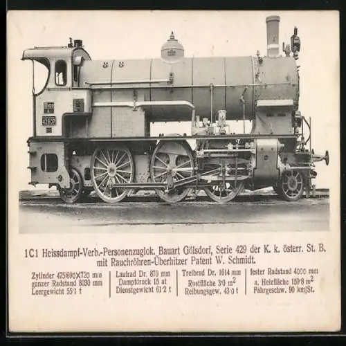 AK K. K. österreichische St. B., 1C1 Heissdampf-Verb.-Personenzuglokomotive Bauart Gölsdorf, Serie 429