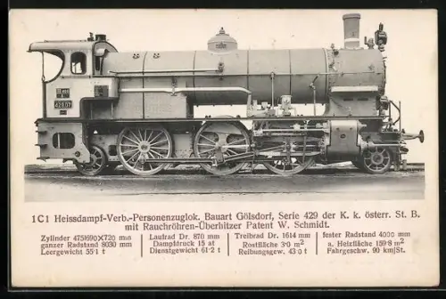 AK K. K. österreichische St. B., 1C1 Heissdampf-Verb.-Personenzuglokomotive Bauart Gölsdorf, Serie 429