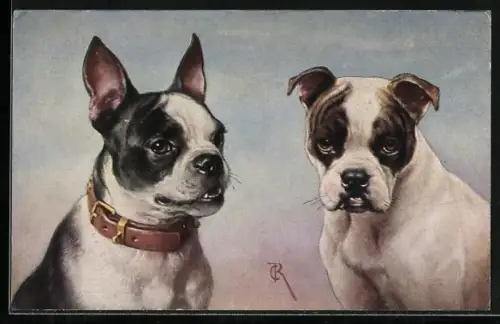 Künstler-AK Carl Reichert: Zwei schwarz-weiss gescheckte Bulldoggen