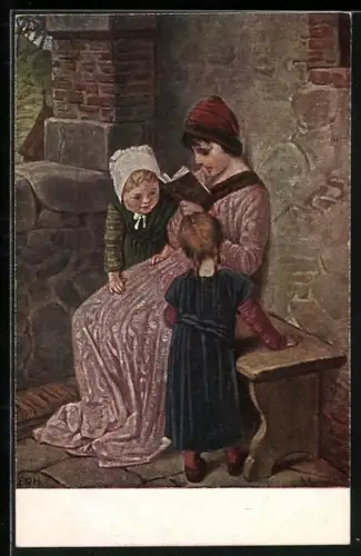 Künstler-AK Hermann Kaulbach: Frau liest Kindern Märchen vor