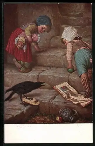Künstler-AK Hermann Kaulbach: Ein strategischer Rückzug, Zwei Kinder fliehen vor einem Raben