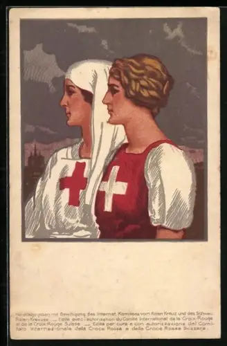 Lithographie zwei Frauen in roter Kreuz Uniform, Rotes Kreuz