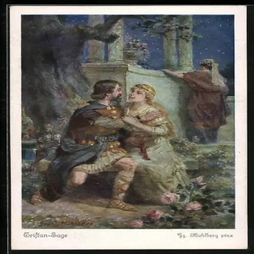 Künstler-AK Georg Mühlberg: Tristan-Sage, Tristan und Isolde nachts unter der Fichte