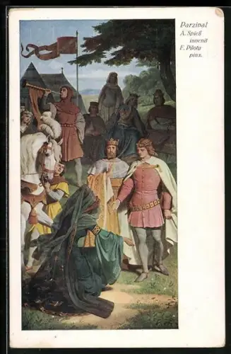 Künstler-AK sign. A. Spiess: Frau kniet vor Parsival nieder