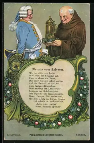 AK Brauerei-Werbung Salvatorbrauerei, Mönch bietet sein Bier an, Historie vom Salvator