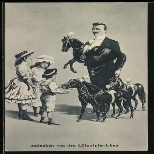 AK Mann mit Kindern und Liliputpferdchen