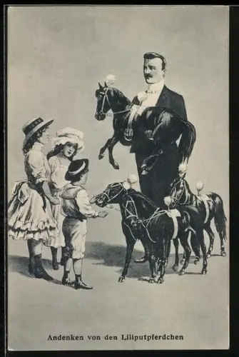 AK Mann mit Kindern und Liliputpferdchen