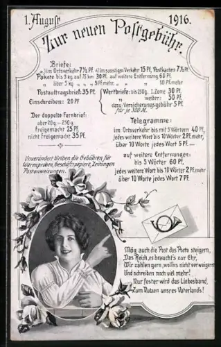 AK neue Postgebühren ab 1.8.1916, Porträt einer jungen Dame, Brief