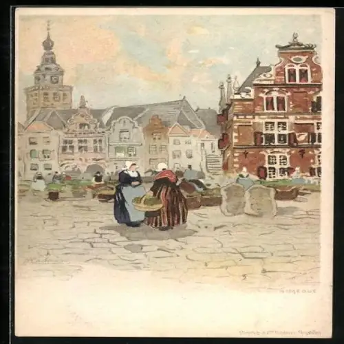 Lithographie Nimegue, Handel auf dem Markt
