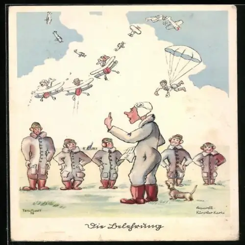 Künstler-AK Serie Flieger-Humor, Die Belehrung