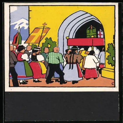 Künstler-AK Carl Camus: Tiroler Bauernleben, Prozessionszug am Kirchenportal