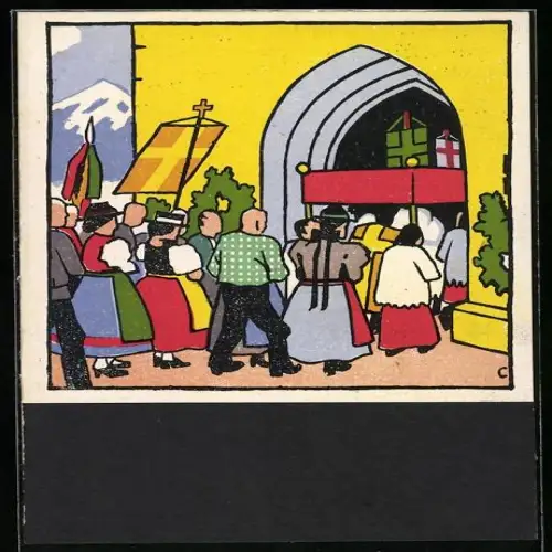 Künstler-AK Carl Camus: Tiroler Bauernleben, Prozessionszug am Kirchenportal