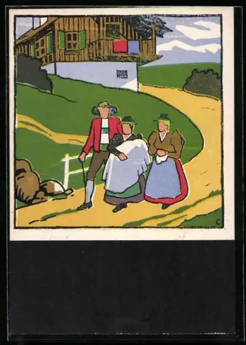 Künstler-AK Carl Camus: Tiroler Bauernleben, Gang durchs Dorf mit dem Neugeborenen