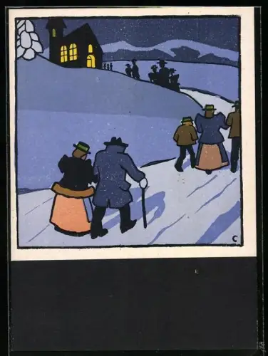 Künstler-AK Carl Camus: Tiroler Bauernleben, Abendlicher Gang zur Kirche