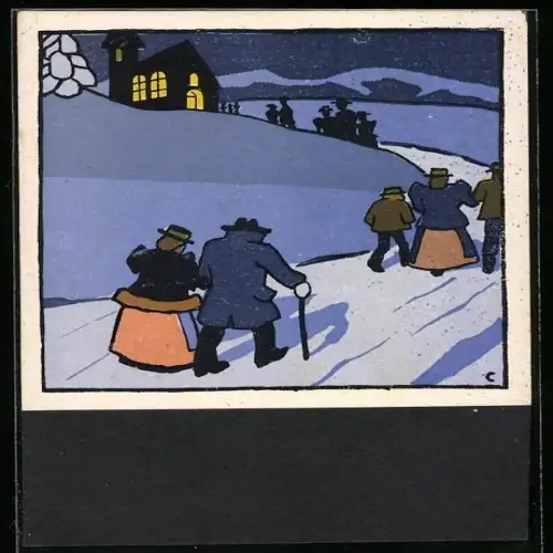 Künstler-AK Carl Camus: Tiroler Bauernleben, der Weg zur Christmette