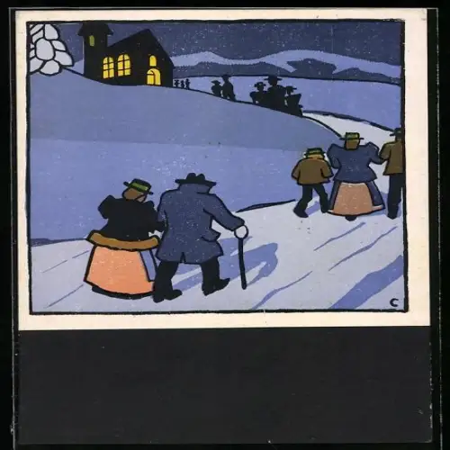Künstler-AK Carl Camus: Tiroler Bauernleben, der Weg zur Christmette
