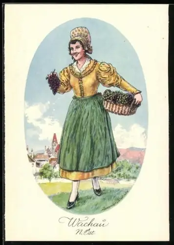 AK Wachauerin in Trachten nach der Weinlese