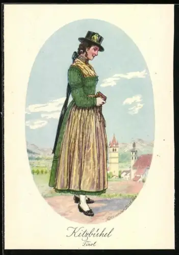 Künstler-AK Kitzbühel /Tirol, Dame in Tracht mit Bibel