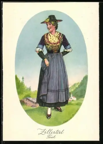 Künstler-AK Tirol, Zillertalerin in Tracht